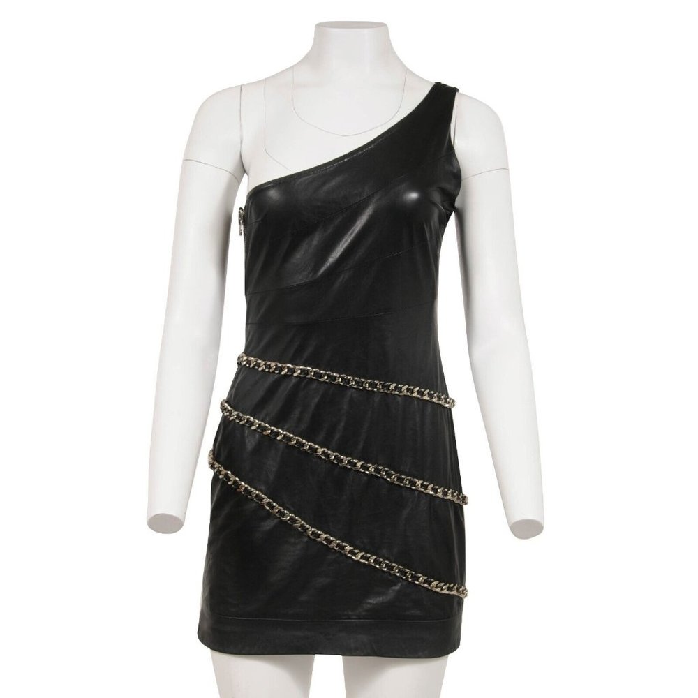 Balmain Womens Mini Dress US8 F40 Black Lamb Leather One Shoulder Wrap Chain y2k